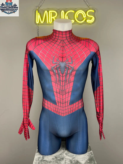 MRJCOS Spider-Man cosplay full bodysuit featuring a detailed red and blue superhero Zentai costume for Halloween.