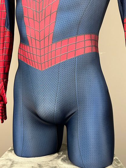 MRJCOS Spider-Man cosplay full bodysuit Halloween costume with red and blue design and web patterns, perfect for superhero dress-up.