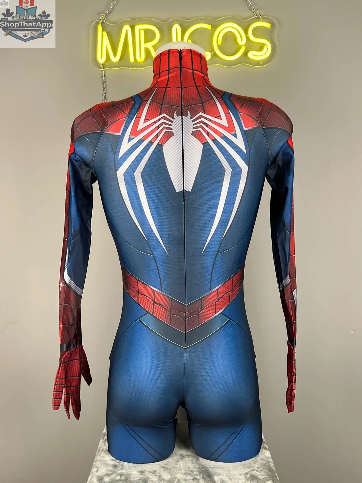 MRJCOS superhero Spider cosplay costume full bodysuit for Halloween featuring red and black design with web patterns.