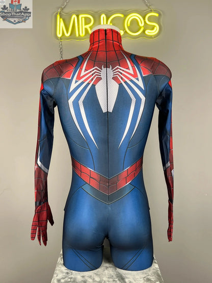 MRJCOS superhero Spider cosplay costume full bodysuit for Halloween featuring red and black design with web patterns.
