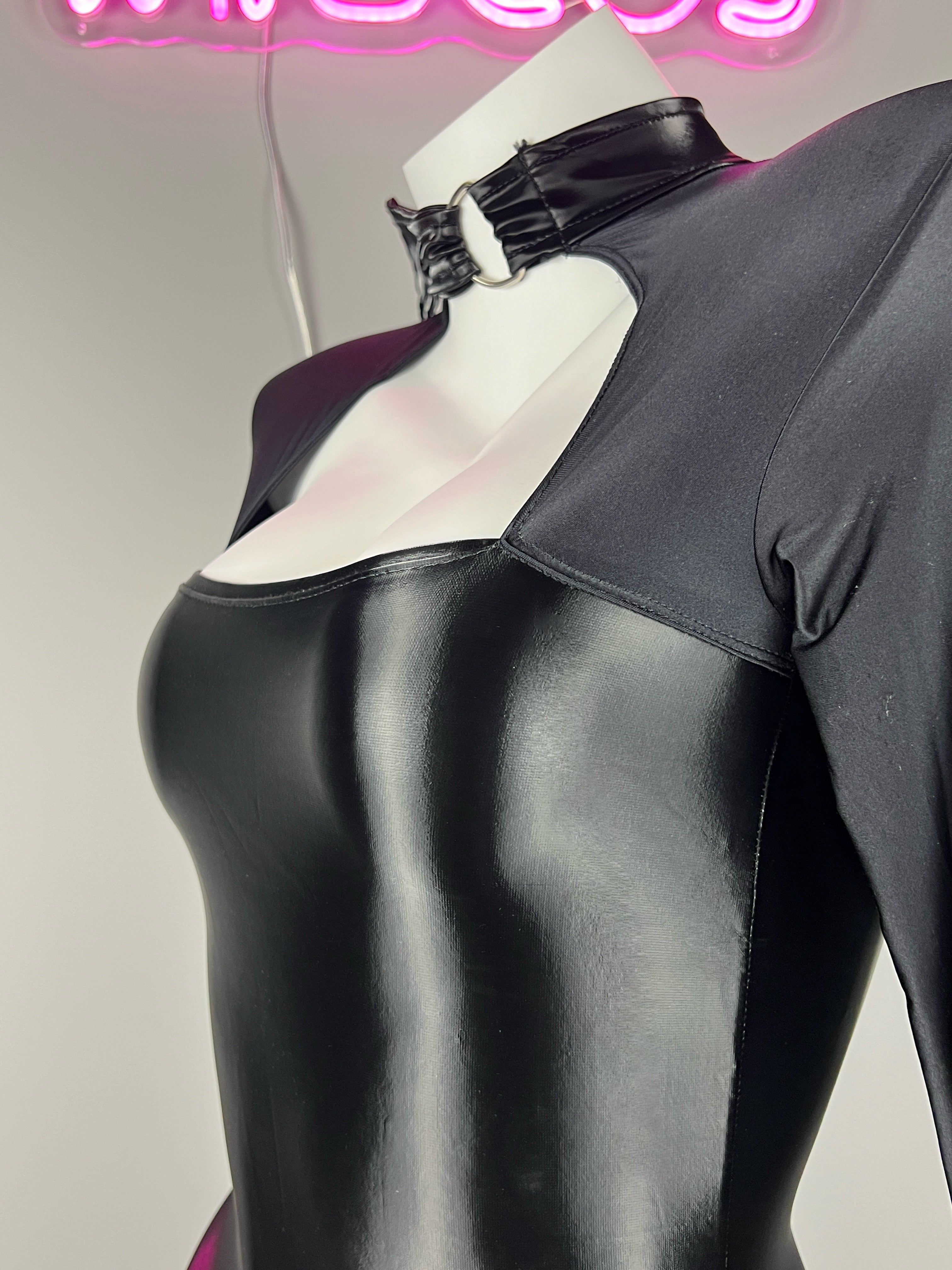 Gothic Long Sleeves Spasndex PU Leather Tight Party Dress Lingerie - Shopthatapp.ca