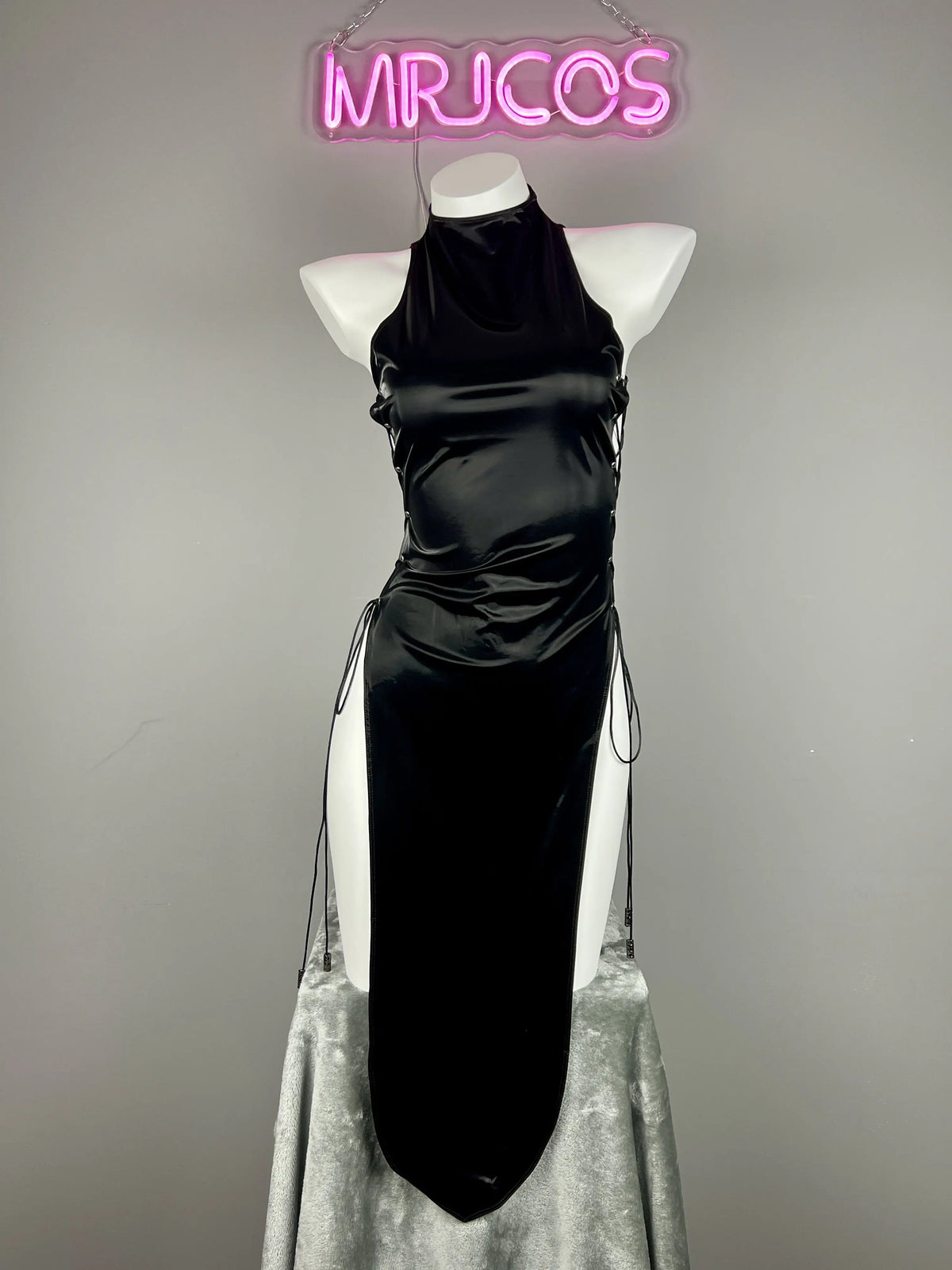 Vintage MRJCOS satin cheongsam lingerie dress with PU leather accents, featuring a sexy, form-fitting party costume design.