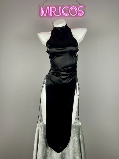 Vintage MRJCOS satin cheongsam lingerie dress with PU leather accents, featuring a sexy, form-fitting party costume design.