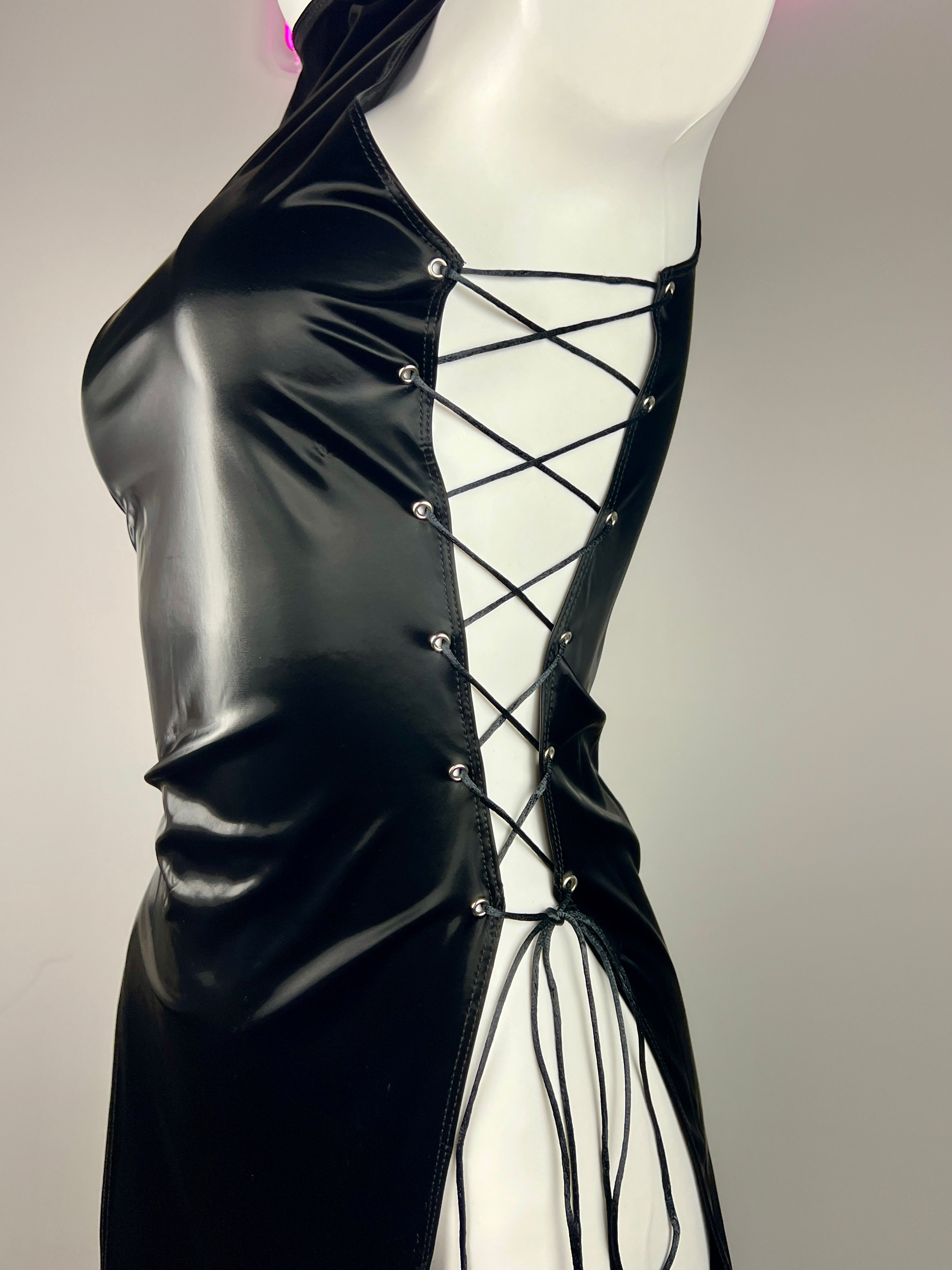 Vintage PU Leather Satin Cheongsam Lingerie Sexy Party Dress Costume - Shopthatapp.ca