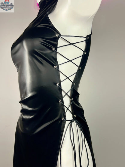 Vintage MRJCOS cheongsam lingerie satin and PU leather sexy party dress, form-fitting costume with intricate design details.