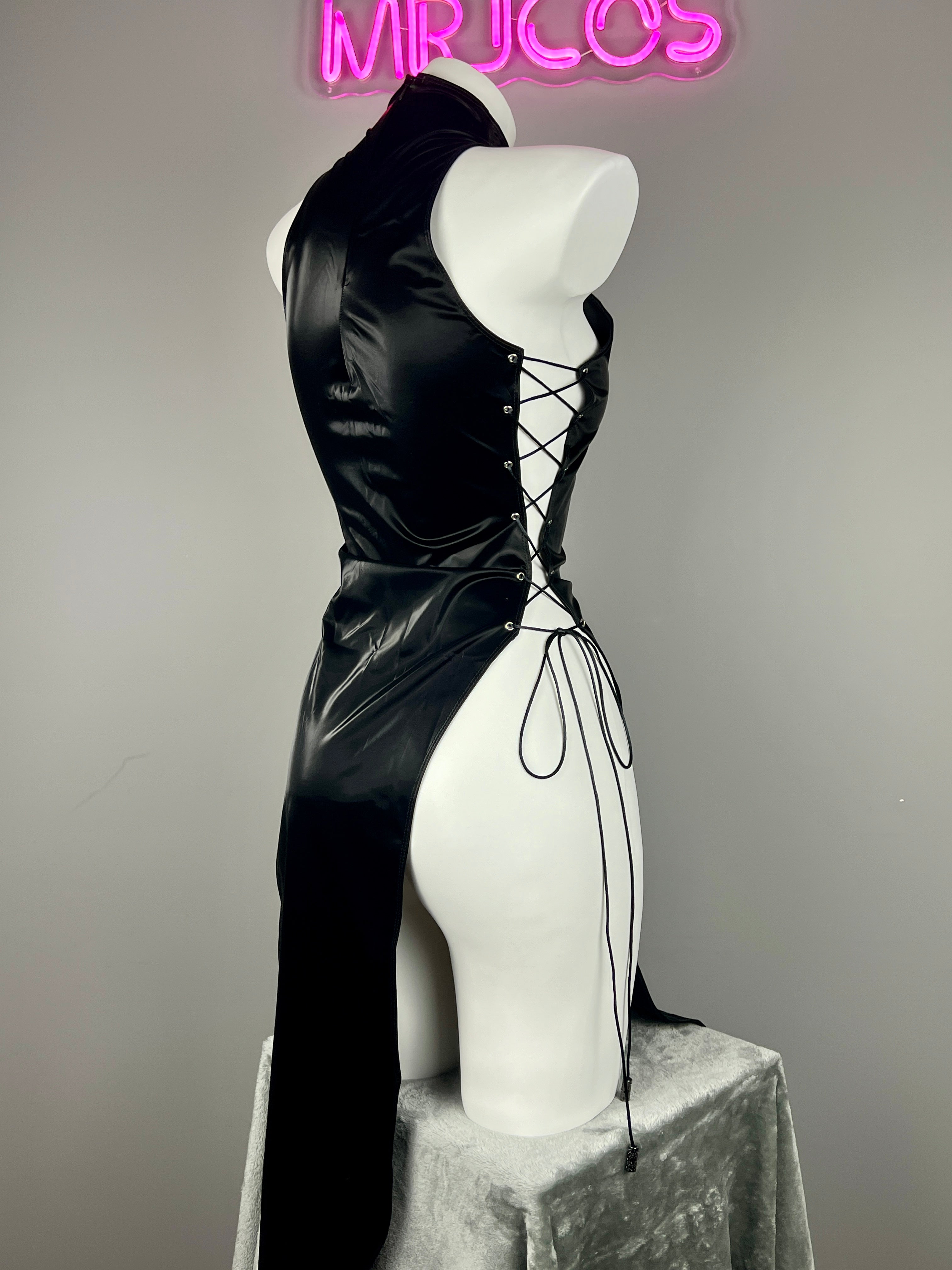 Vintage PU Leather Satin Cheongsam Lingerie Sexy Party Dress Costume - Shopthatapp.ca