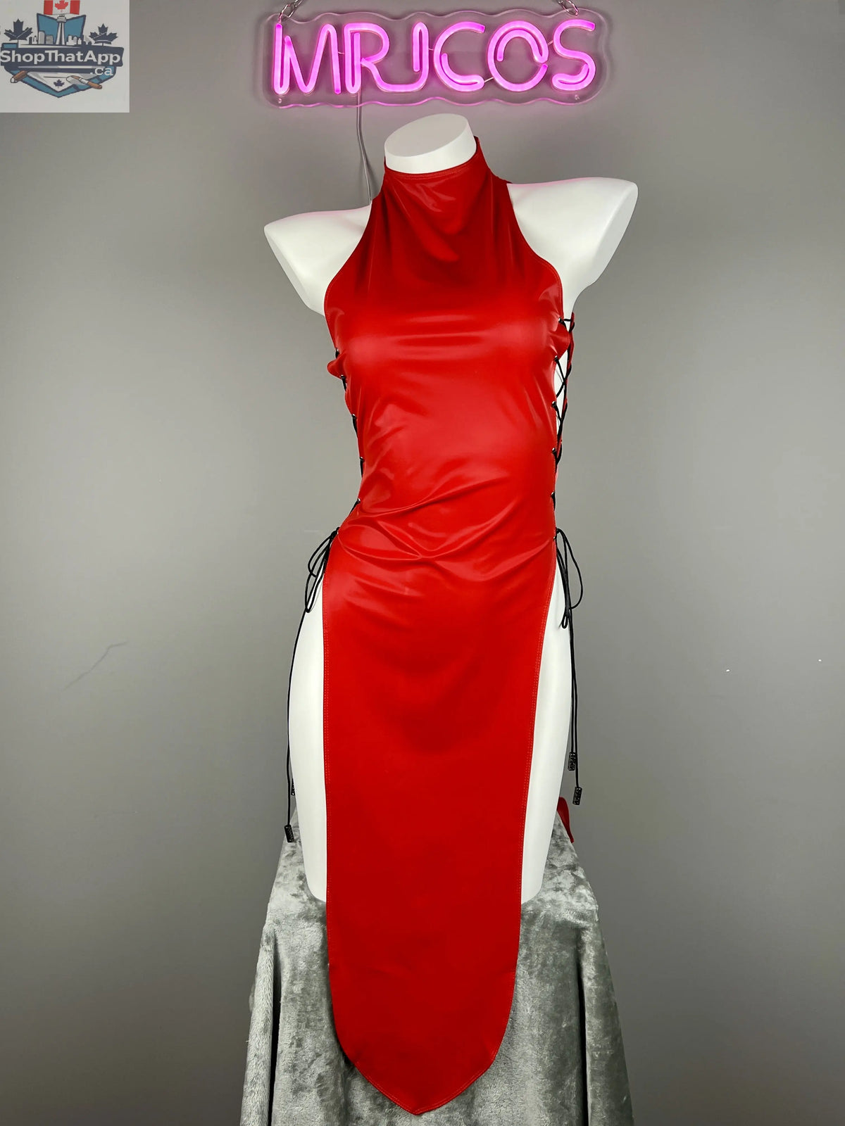 Vintage cheongsam lingerie satin and PU leather sexy party dress by MRJCOS, featuring a fitted silhouette and intricate design.