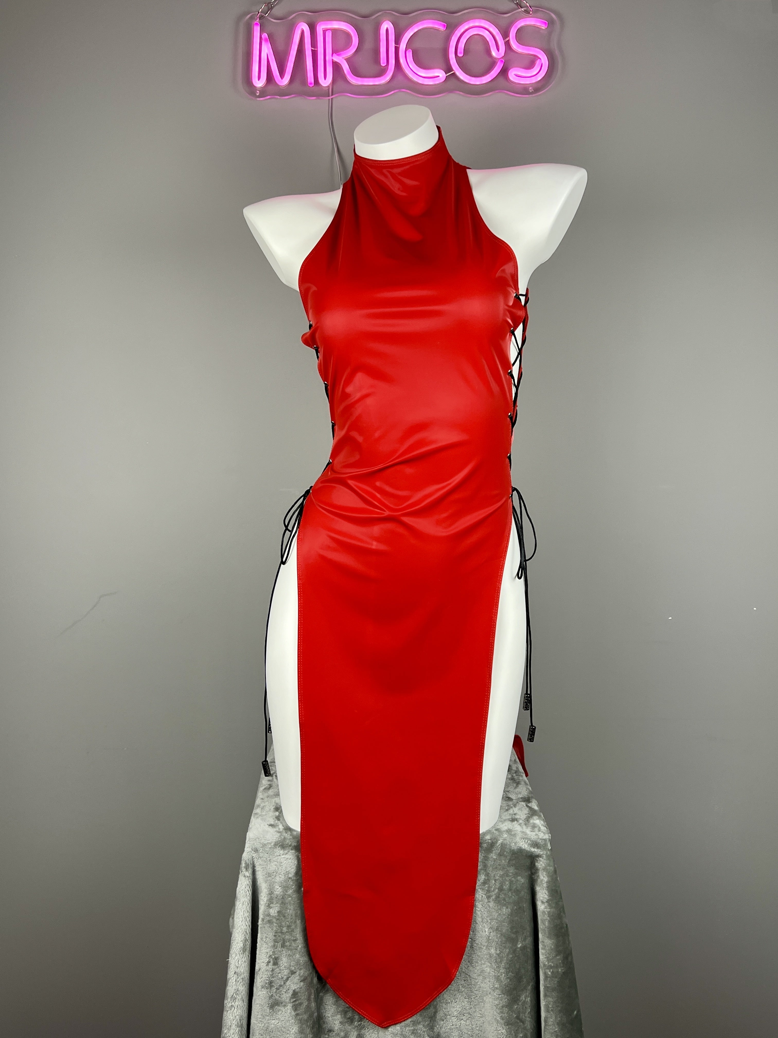 Vintage PU Leather Satin Cheongsam Lingerie Sexy Party Dress Costume - Shopthatapp.ca