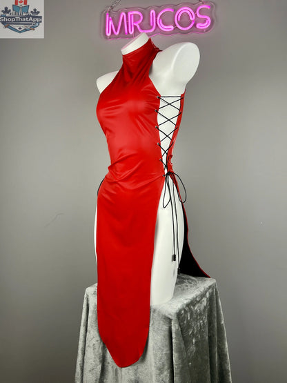 Vintage MRJCOS cheongsam lingerie satin and PU leather sexy party dress, form-fitting costume with intricate details.