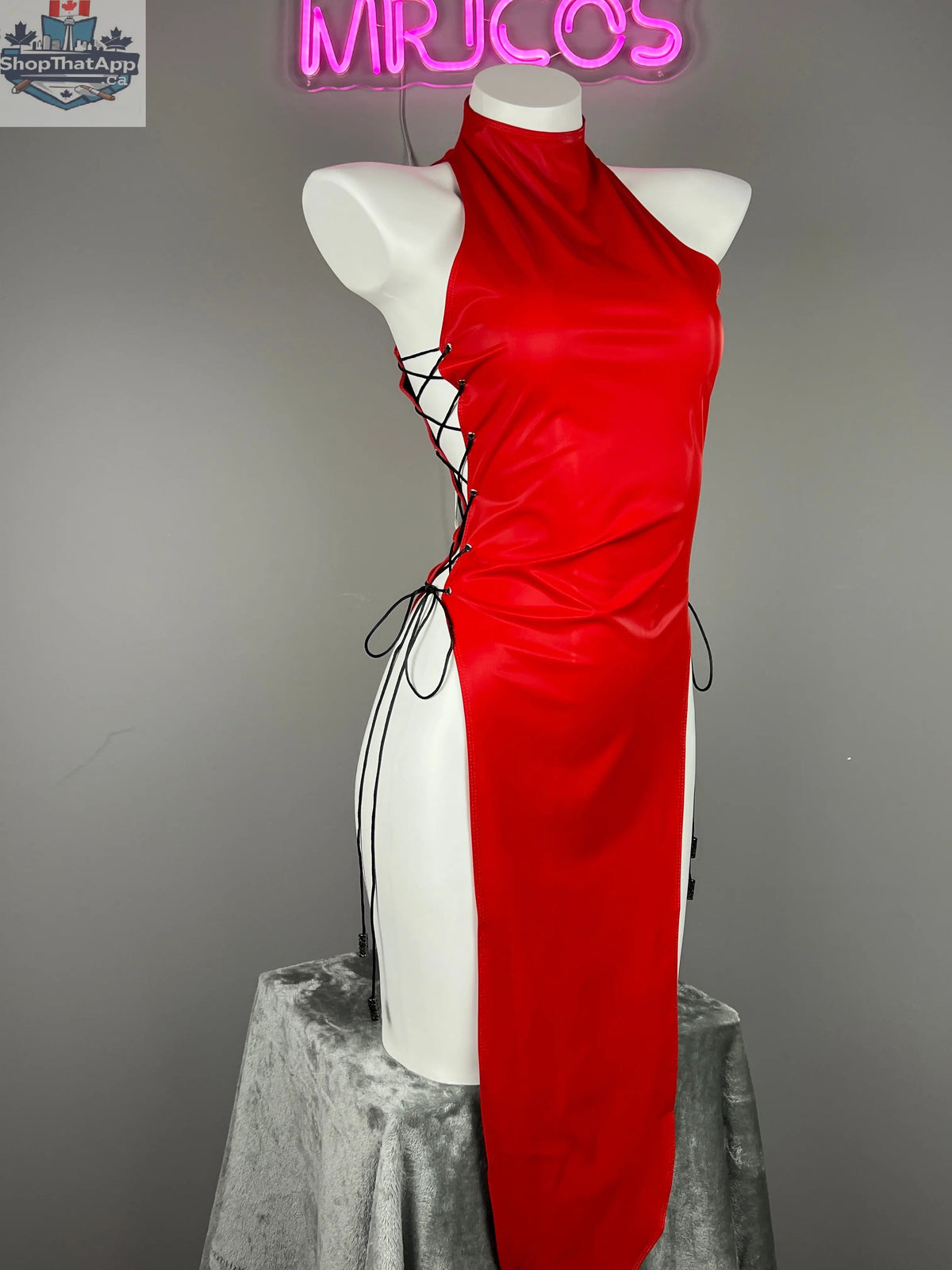 Vintage satin cheongsam lingerie dress by MRJCOS featuring PU leather accents, perfect for sexy party or costume wear.