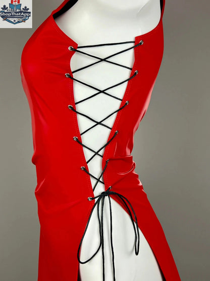 Vintage MRJCOS cheongsam lingerie satin and PU leather dress, sexy party costume with intricate design and elegant fit.