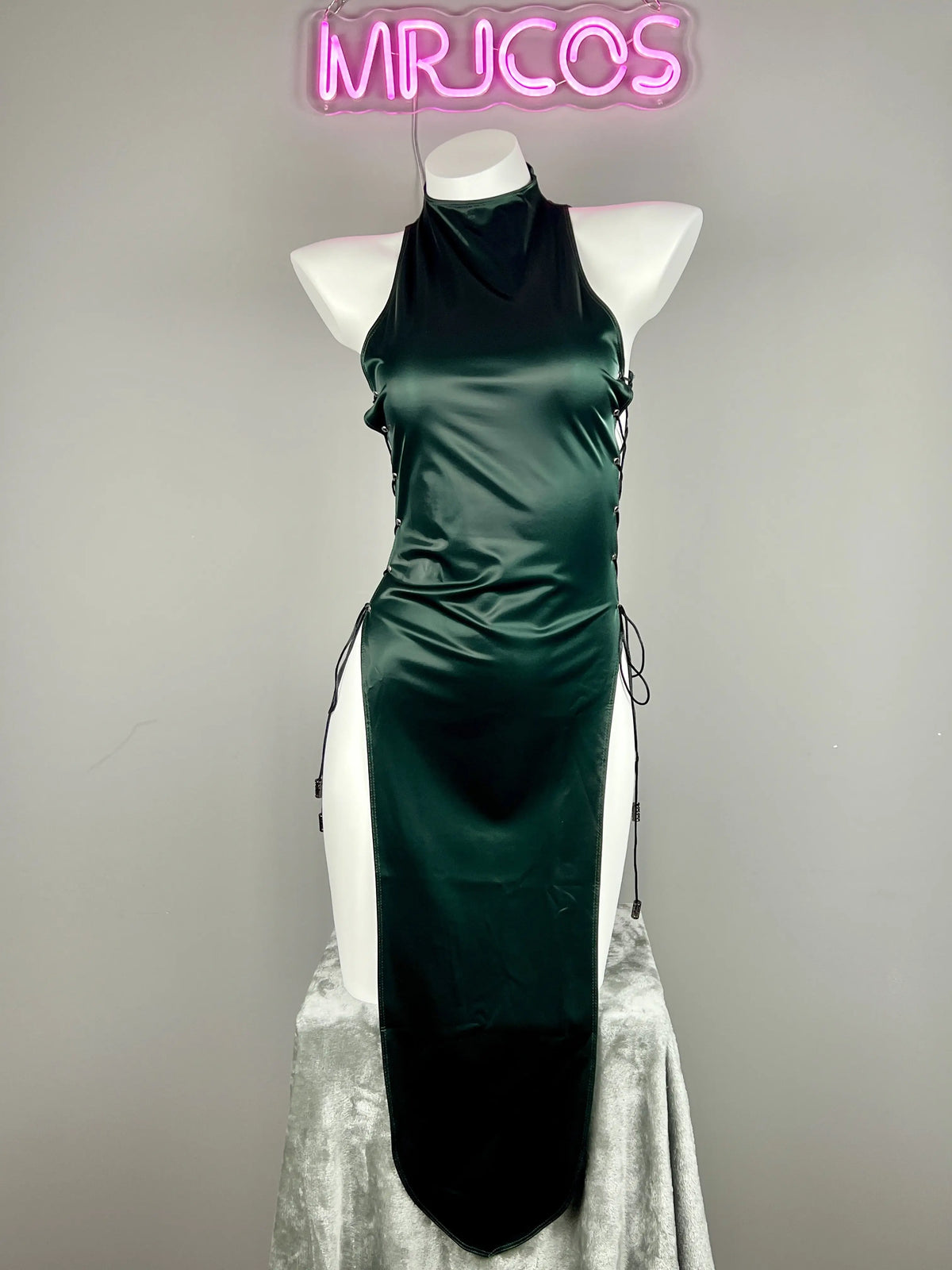 Vintage MRJCOS cheongsam lingerie satin and PU leather sexy party dress, form-fitting costume with intricate details.