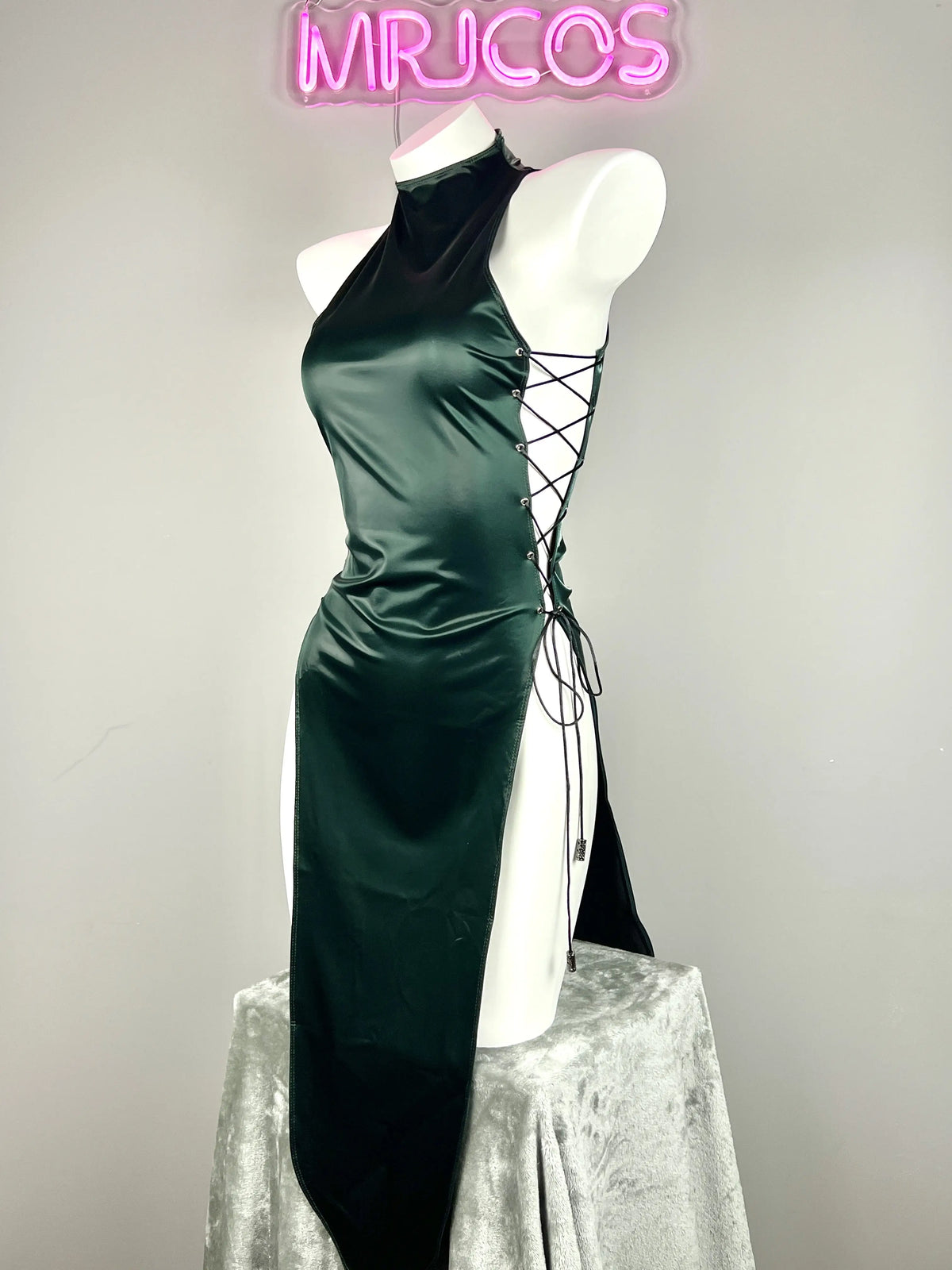 Vintage MRJCOS cheongsam lingerie satin and PU leather sexy party dress, fitted with intricate details and elegant design.