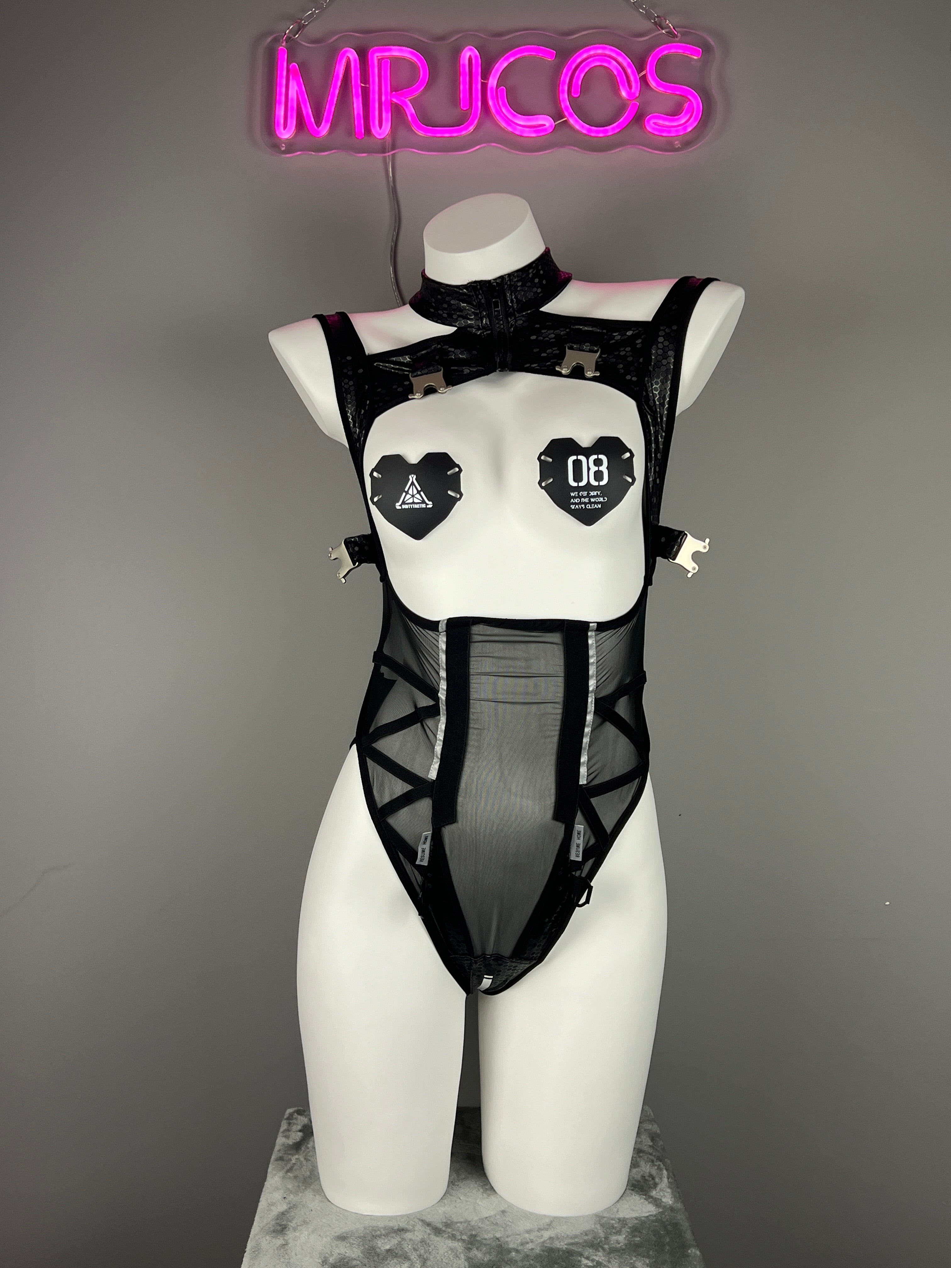 Tactical Anime Girl PU Leather Sheer Mesh Sexy Cosplay Bodysuit Costume - Shopthatapp.ca