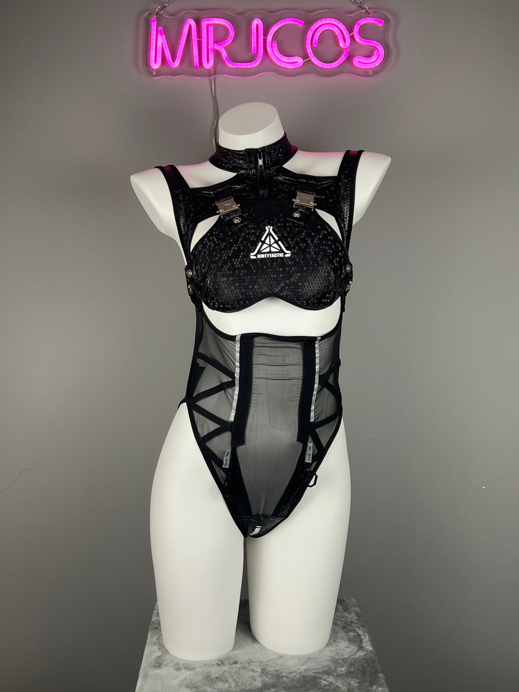 Tactical Anime Girl PU Leather Sheer Mesh Sexy Cosplay Bodysuit Costume - Shopthatapp.ca
