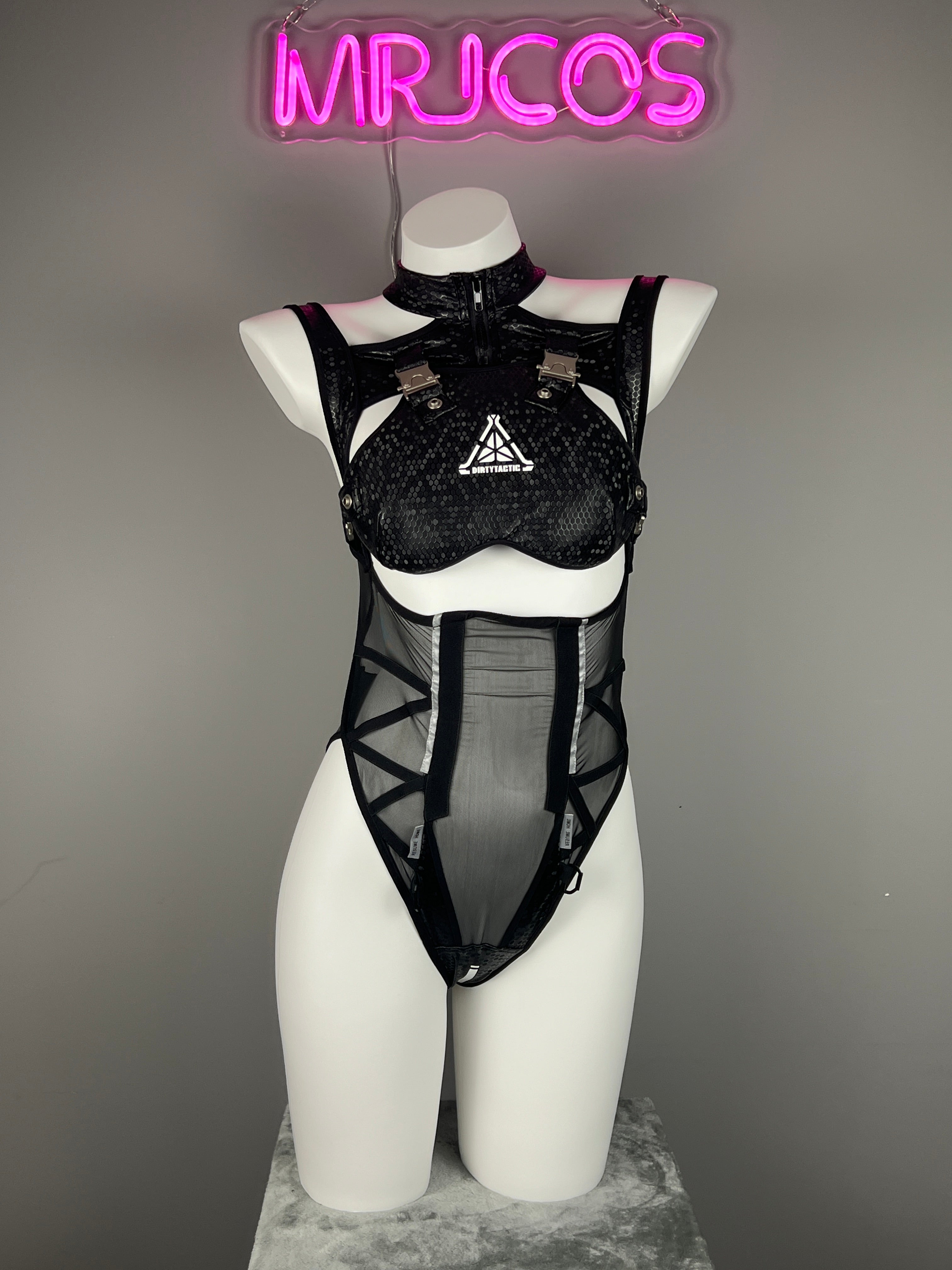 Tactical Anime Girl PU Leather Sheer Mesh Sexy Cosplay Bodysuit Costume - Shopthatapp.ca
