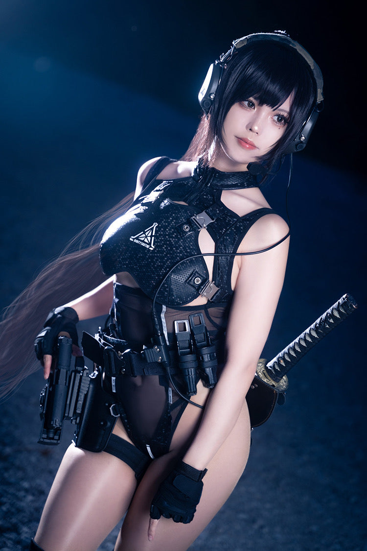 Tactical Anime Girl PU Leather Sheer Mesh Sexy Cosplay Bodysuit Costume - Shopthatapp.ca