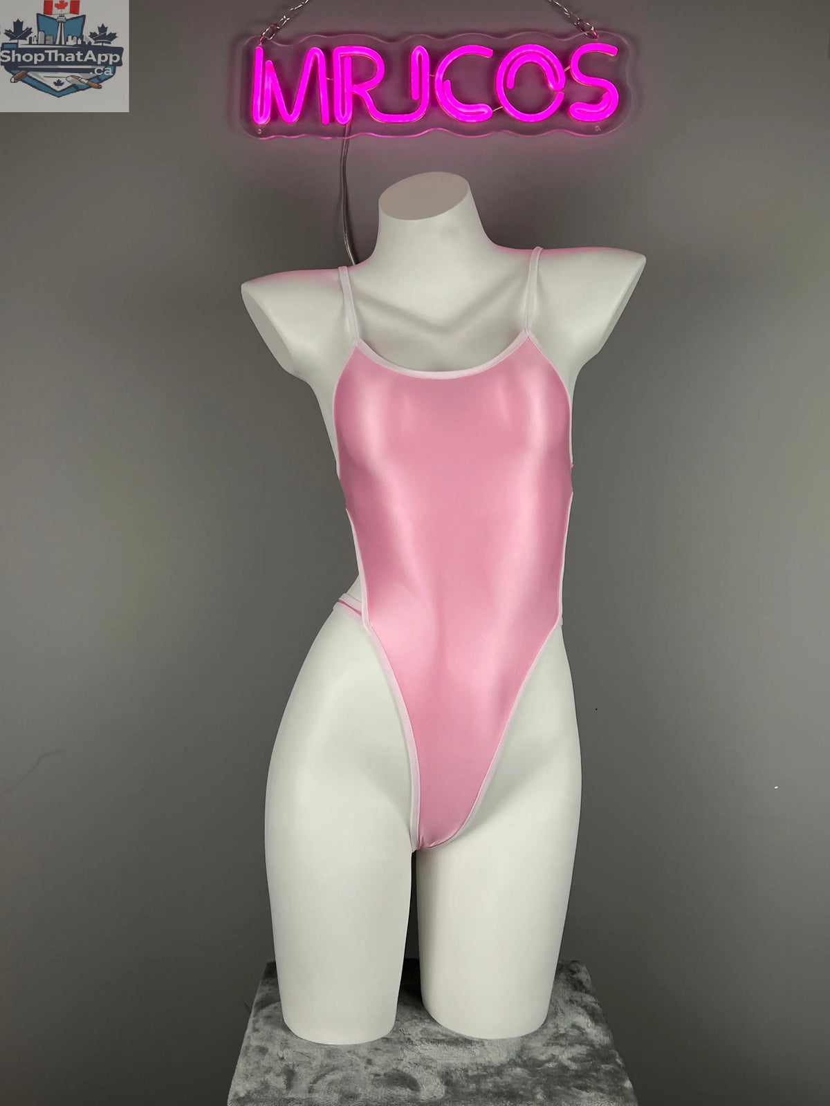 Women's high-cut one-piece bodysuit by MRJCOS featuring satin spandex fabric with stylish side cutouts.