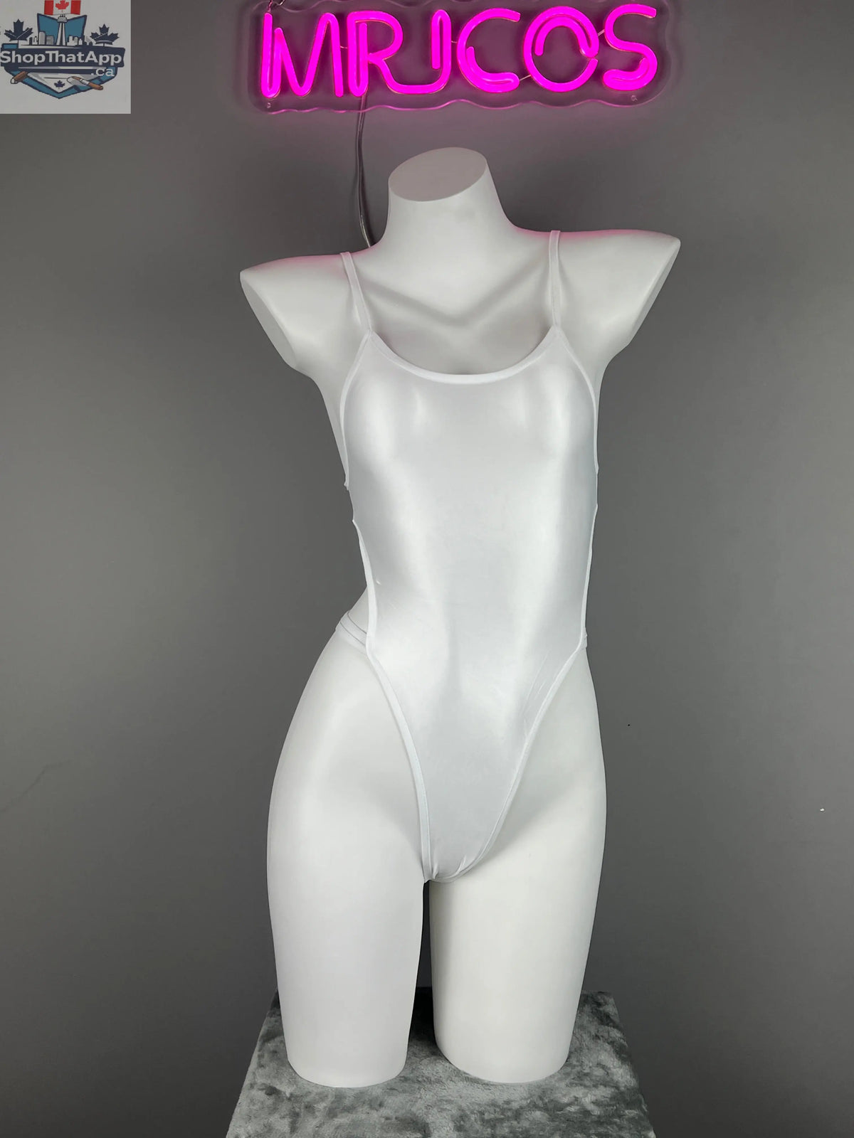 Women's high-cut one-piece swimsuit bodysuit with satin spandex fabric and side cutouts, stylish and form-fitting.