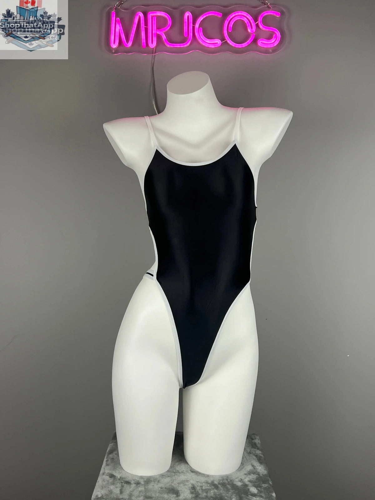 Women's high-cut one-piece swimsuit by MRJCOS featuring satin spandex fabric and stylish side cutouts.
