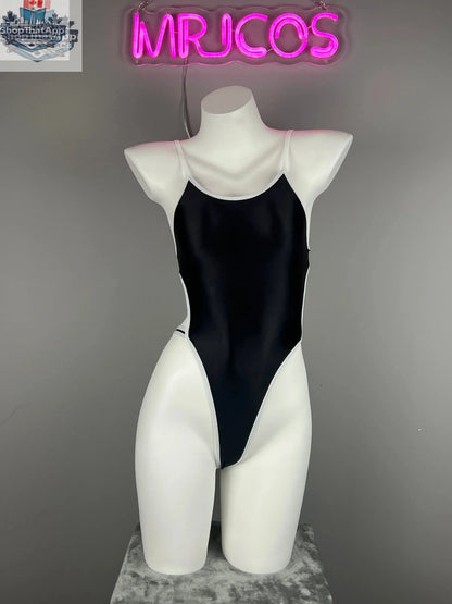 Women's high-cut one-piece swimsuit by MRJCOS featuring satin spandex fabric and stylish side cutouts.