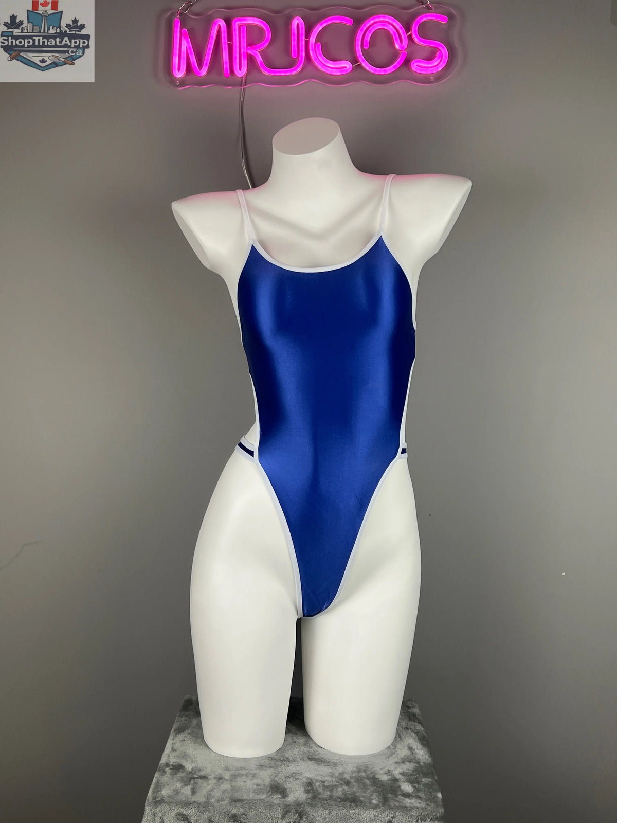 Women's high-cut one-piece swimsuit by MRJCOS featuring satin spandex fabric and stylish side cutouts.