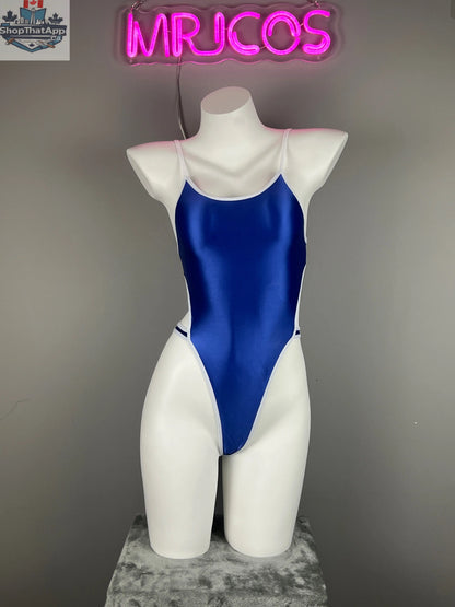 Women's high-cut one-piece swimsuit by MRJCOS featuring satin spandex fabric and stylish side cutouts.