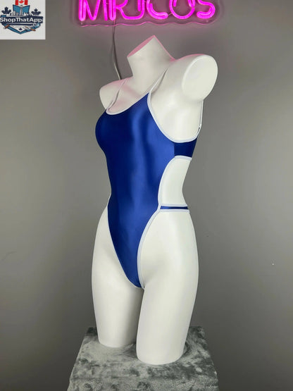 Women's high-cut bodysuit with satin spandex material and stylish side cutouts, designed by MRJCOS.