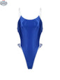 Women's high-cut one-piece swimsuit with satin spandex fabric and stylish side cutouts, by MRJCOS.