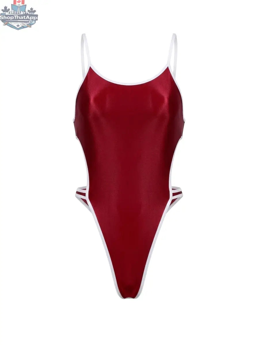 Women's high-cut one-piece swimsuit bodysuit by MRJCOS with satin spandex fabric and stylish side cutouts.