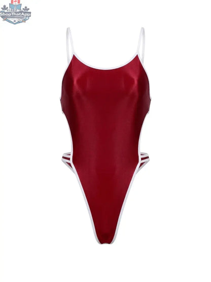 Women's high-cut one-piece swimsuit bodysuit by MRJCOS with satin spandex fabric and stylish side cutouts.