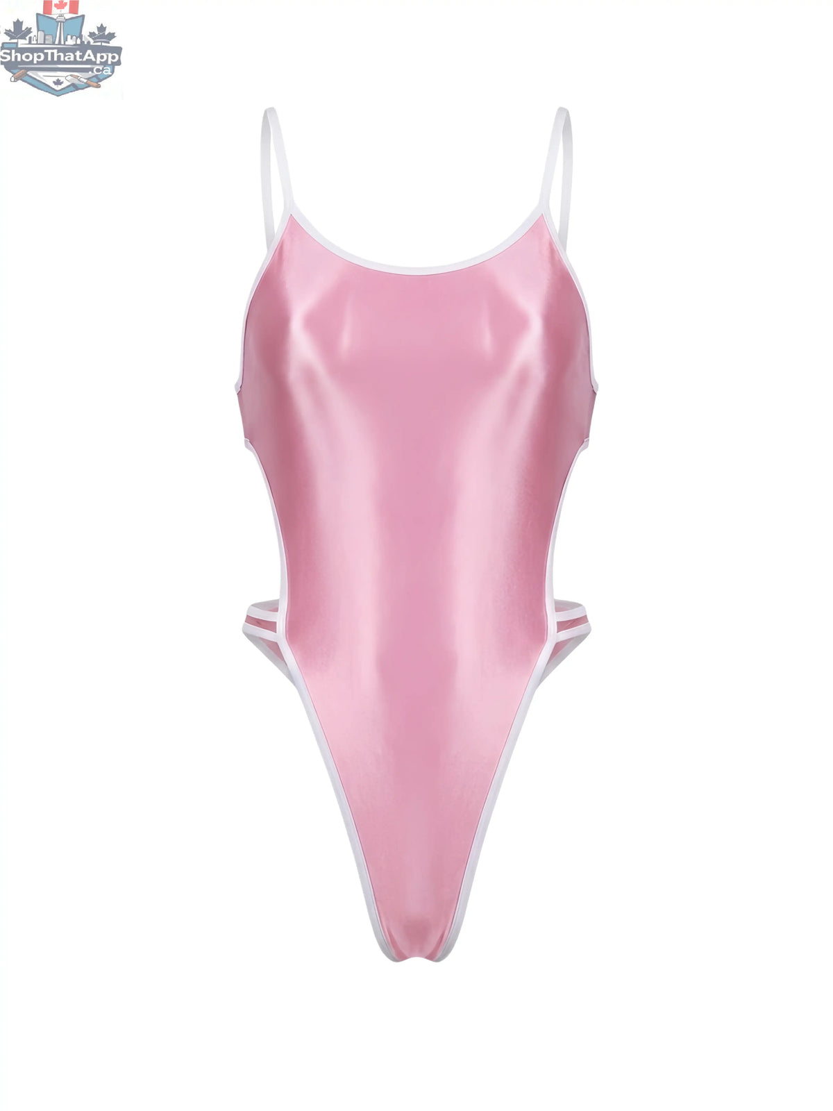 Women's high-cut bodysuit by MRJCOS with satin spandex fabric and stylish side cutouts, showcasing a sleek, modern design.