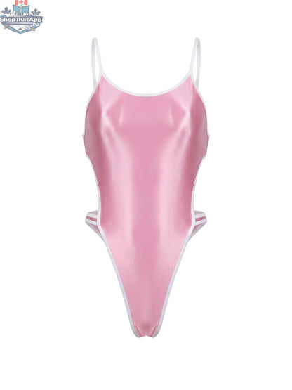 Women's high-cut bodysuit by MRJCOS with satin spandex fabric and stylish side cutouts, showcasing a sleek, modern design.