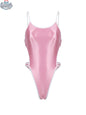 Women's high-cut bodysuit by MRJCOS with satin spandex fabric and stylish side cutouts, showcasing a sleek, modern design.