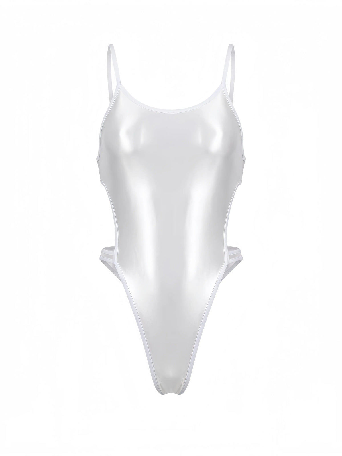 Women's high-cut one-piece swimsuit bodysuit with satin spandex fabric and stylish side cutouts, designed by MRJCOS.