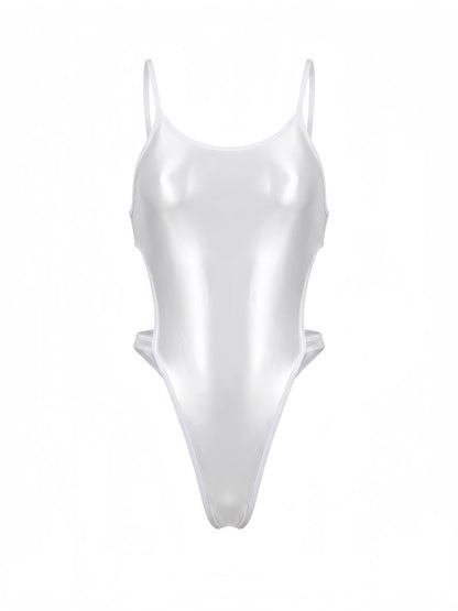 Women's high-cut one-piece swimsuit bodysuit with satin spandex fabric and stylish side cutouts, designed by MRJCOS.