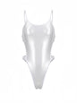 Women's high-cut one-piece swimsuit bodysuit with satin spandex fabric and stylish side cutouts, designed by MRJCOS.