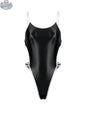 Women's high-cut one-piece swimsuit bodysuit by MRJCOS with satin spandex fabric and stylish side cutouts, fitted on a model.