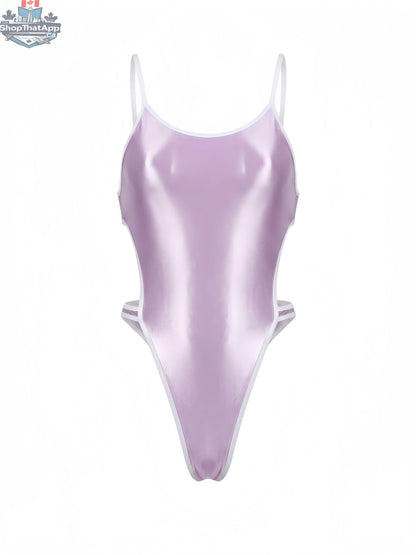 Women's high-cut one-piece swimsuit with satin spandex and side cutouts, stylish MRJCOS bodysuit for beach or pool.