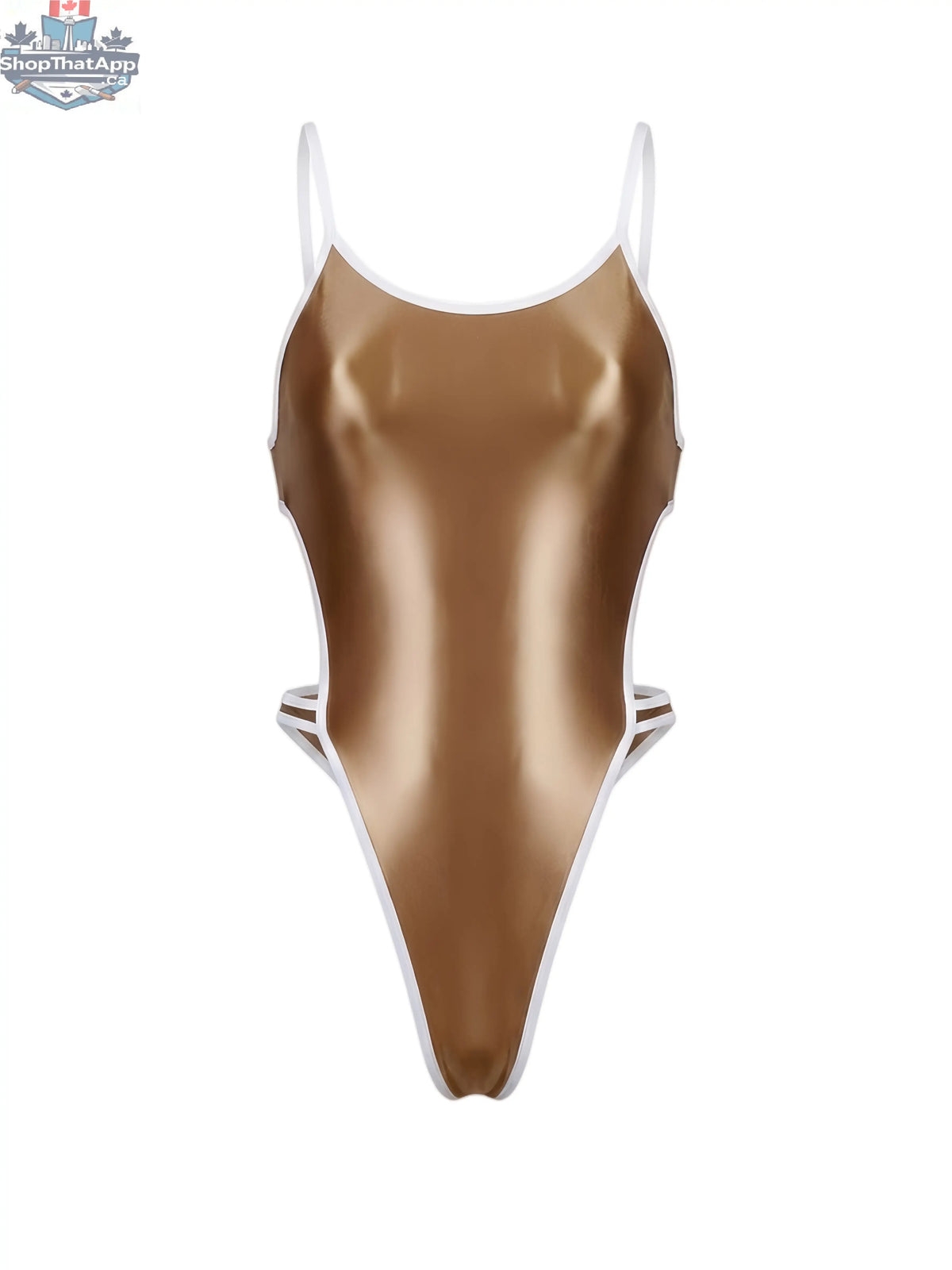 Women's high-cut one-piece swimsuit with satin spandex fabric and side cutouts, designed by MRJCOS.