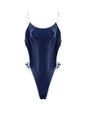 Women's high-cut bodysuit by MRJCOS featuring satin spandex fabric and stylish side cutouts.