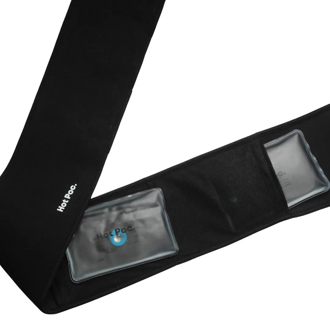 Two adjustable reusable heat packs by Hot Poc with belts, designed for targeted, eco-friendly heat therapy.
