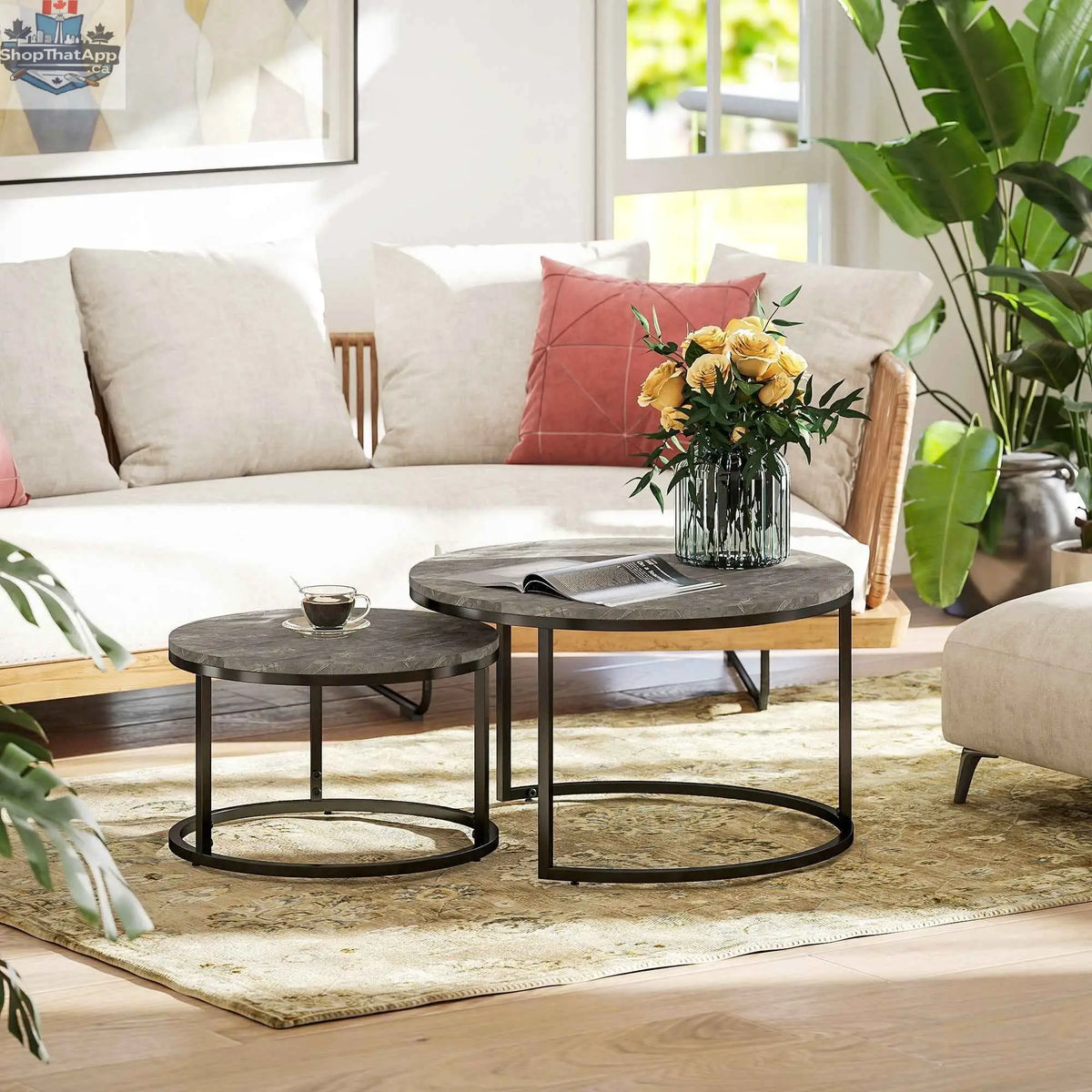 Modern grey nesting coffee tables with faux marble tops, designed for living room furniture by SLOTH Nation.