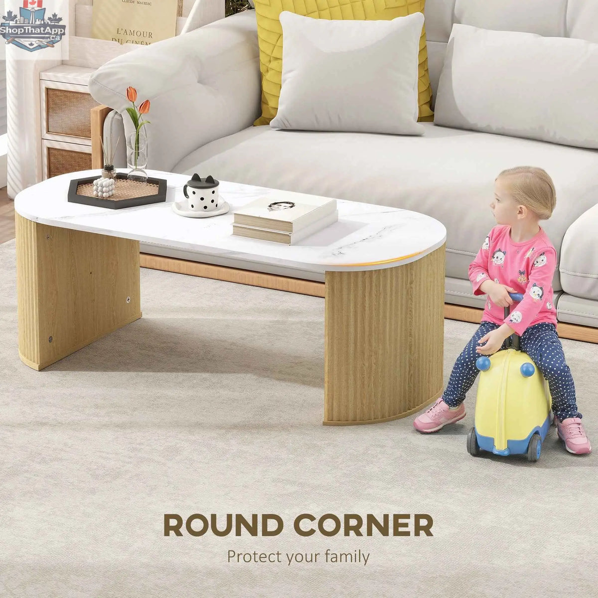 SLOTH Nation Cameron faux-marble coffee table with natural wood base, modern furniture piece for living room decor.
