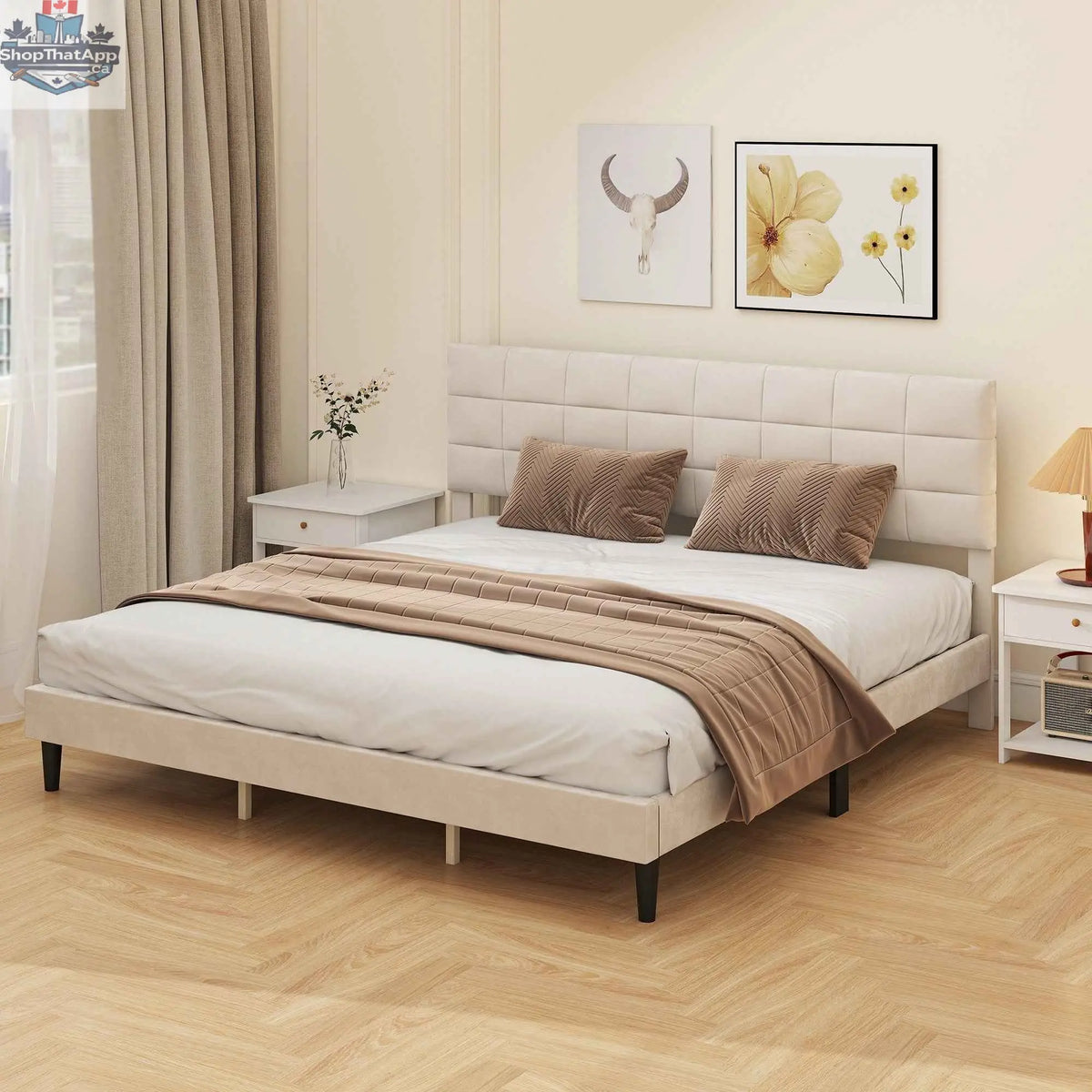 Cream white Harper king size bed frame with upholstered headboard from SLOTH Nation, showcasing a stylish bedroom furniture design.