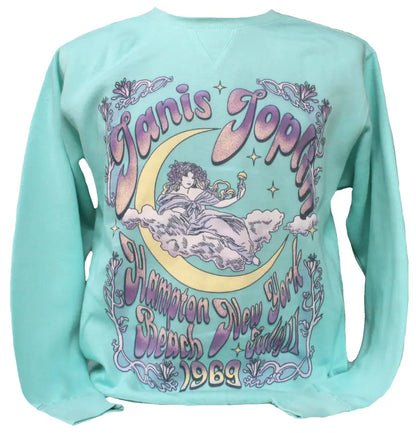 Janis Joplin mint oversized fleece top by Little Guitars, cozy and stylish clothing with a relaxed fit and vibrant color.