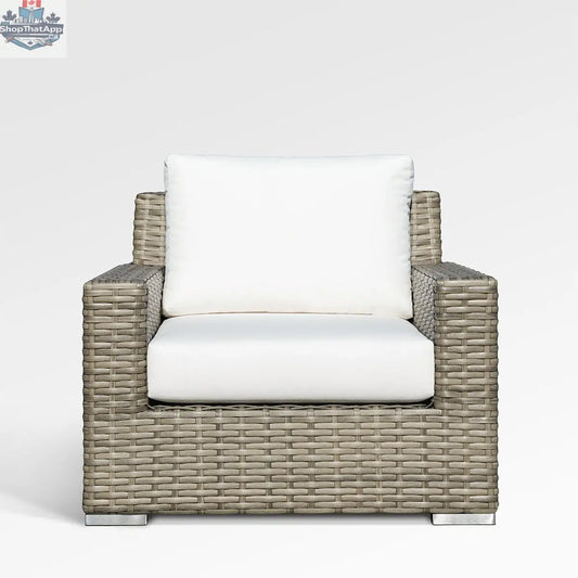 Enclover Jasmine Club Chair with Sunbrella® white canvas cushions, stylish outdoor seating with a modern design.