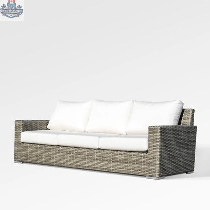 Enclover Jasmine outdoor sofa with Sunbrella white cushions, stylish and comfortable for outdoor lounging.