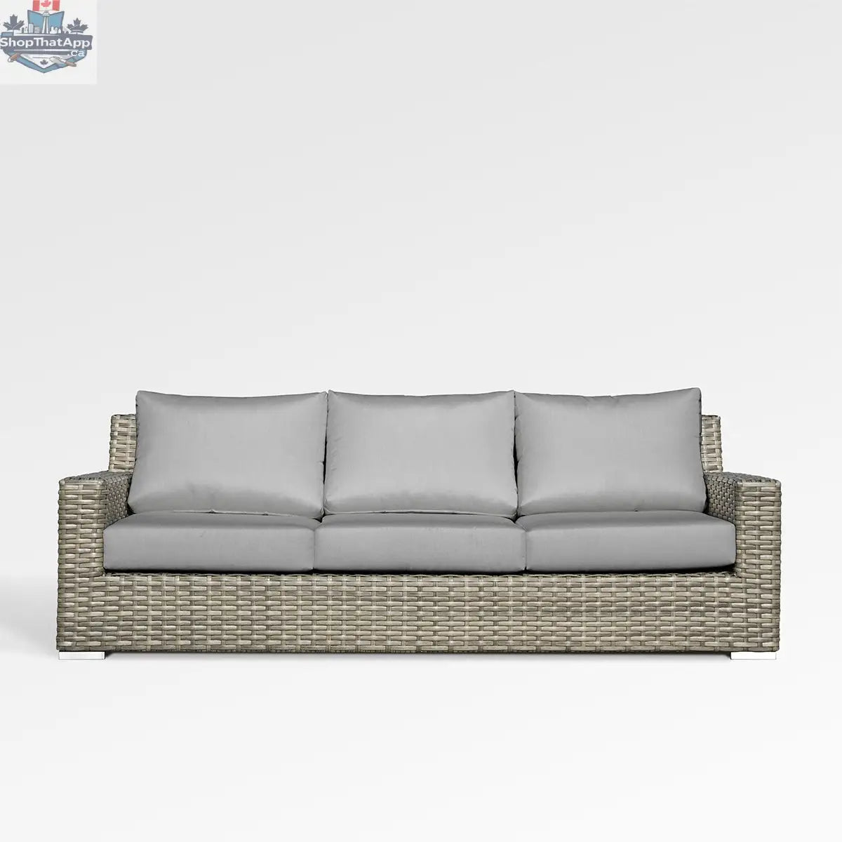 Enclover Jasmine sofa with Sunbrella cushions in granite fabric, stylish outdoor seating with comfortable, weather-resistant design.