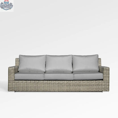 Enclover Jasmine sofa with Sunbrella cushions in granite fabric, stylish outdoor seating with comfortable, weather-resistant design.